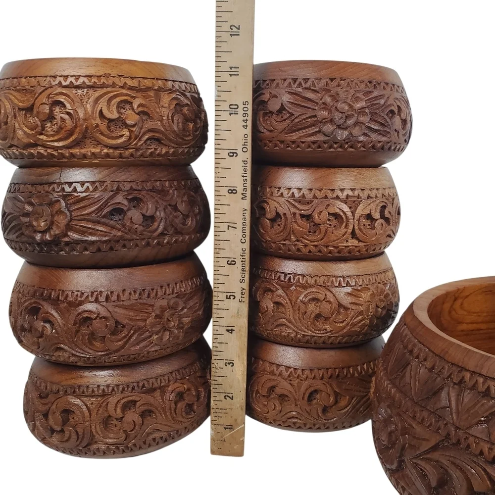 Vntg Hand Carved Wooden Salad Bowl Set. 9 Pc set. Mid-Century Modern